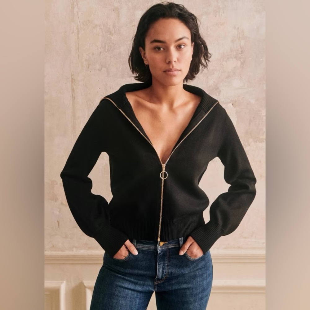 Sezane Lyes Zip Cardigan, Black, XS